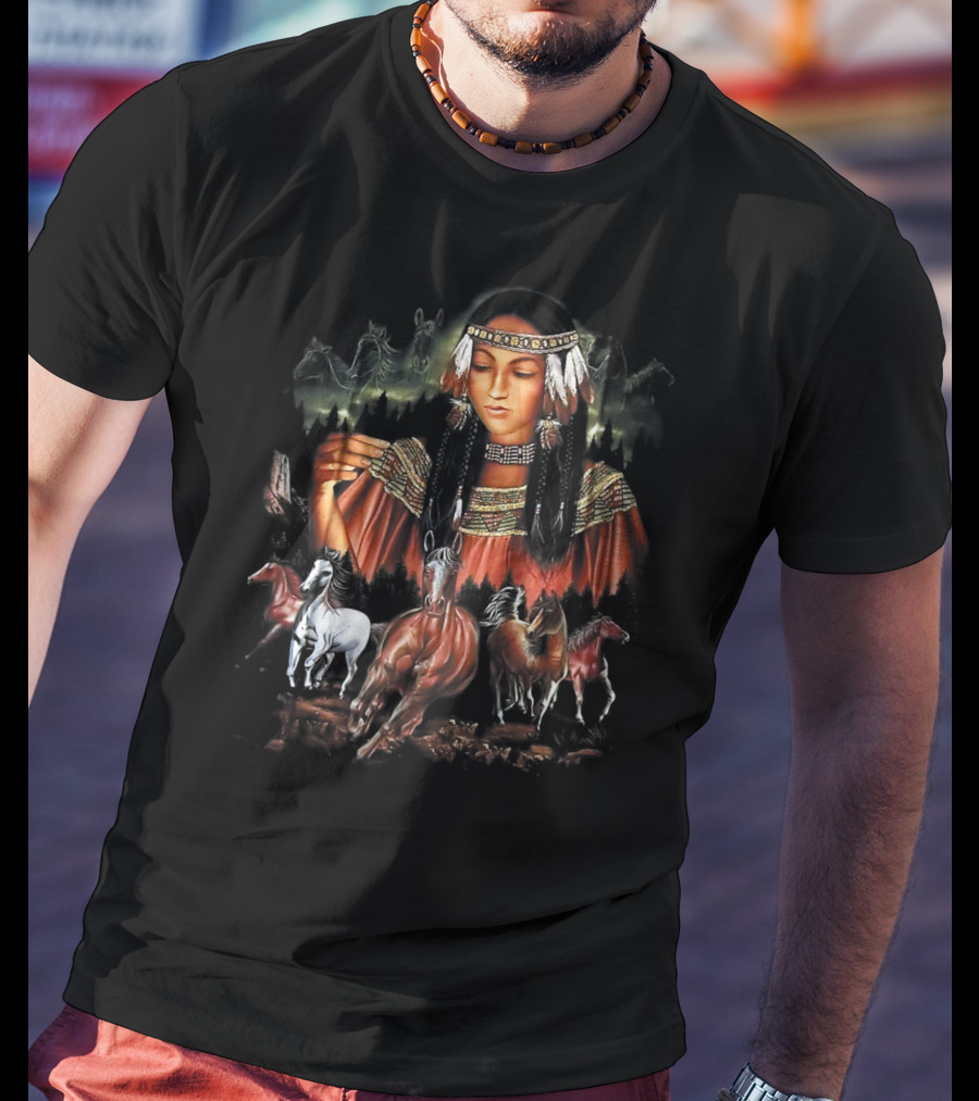Native American Girl With Horses And Tribal Elements T-Shirt