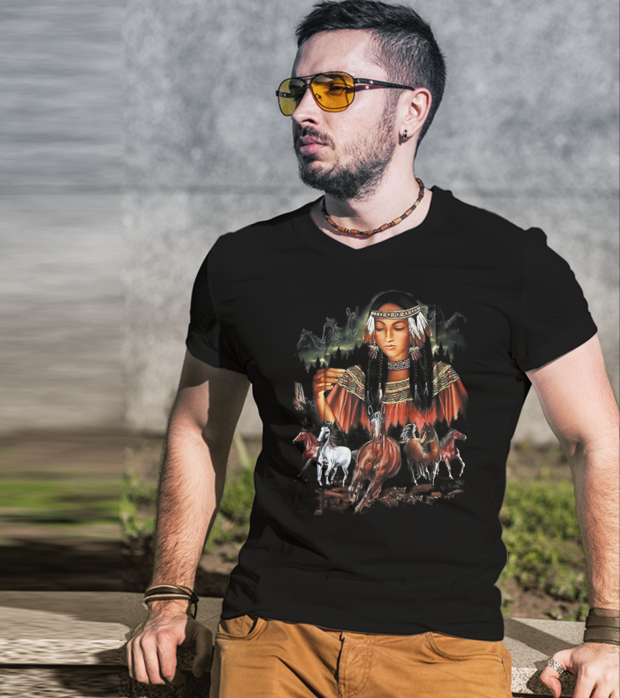 Native American Girl With Horses And Tribal Elements T-Shirt