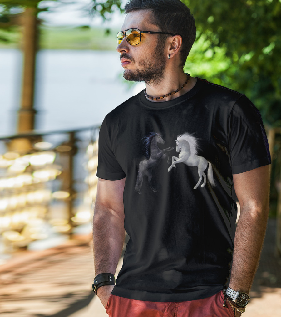 Girl's Horse Play Horseback Riding Esquireian Black Stallion White Mare T-Shirt