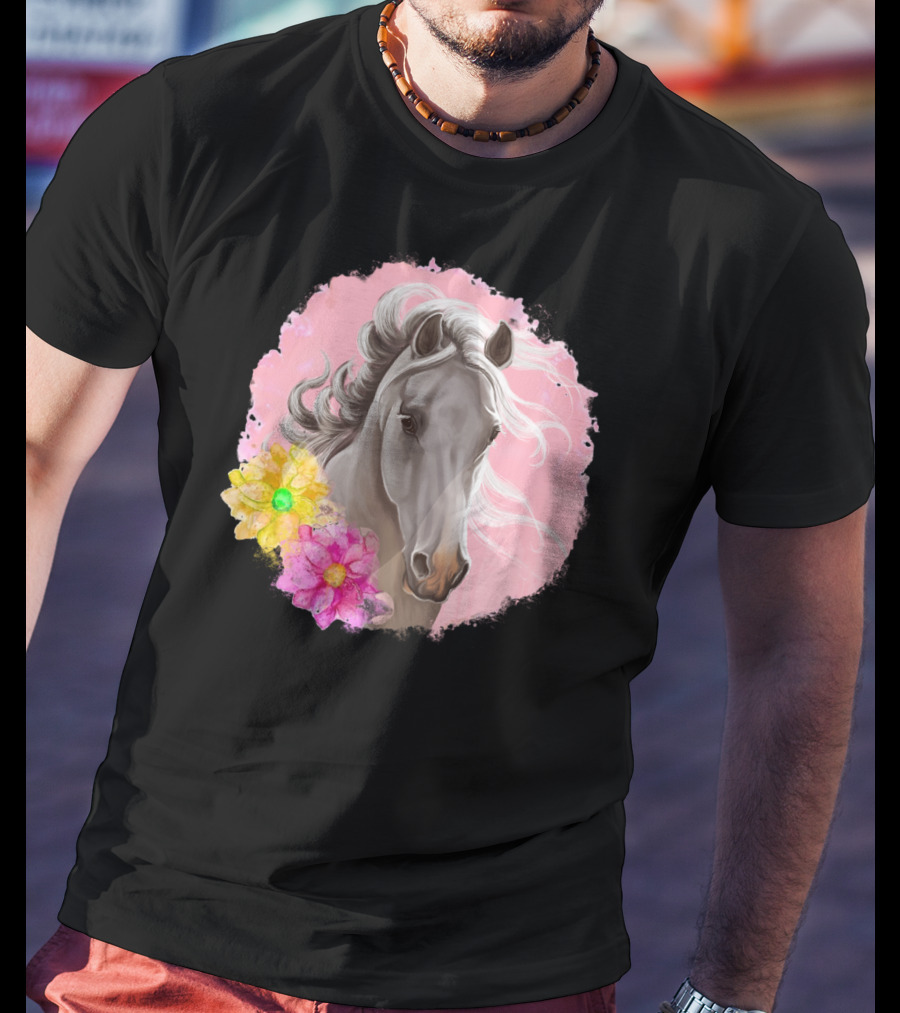 Gorgeous Horse With Vibrant Flowers On Pink Background T-Shirt