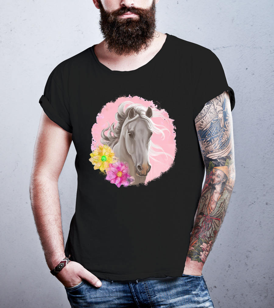 Gorgeous Horse With Vibrant Flowers On Pink Background T-Shirt