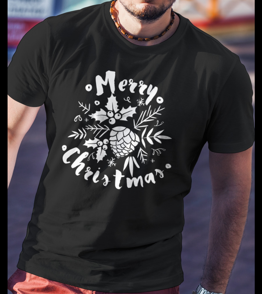 Merry Christmas Holly And Pinecone Classic Simple Merry T-Shirt