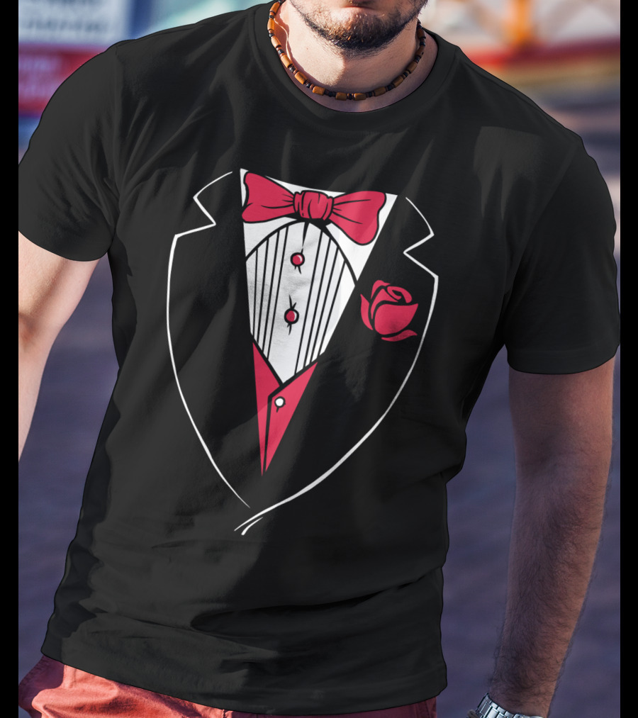 Classic Tuxedo Rose Bowtie Wedding Party Bachelor Costume T-Shirt
