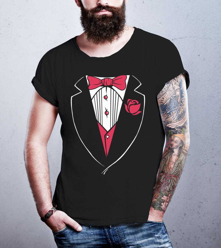 Classic Tuxedo Rose Bowtie Wedding Party Bachelor Costume T-Shirt