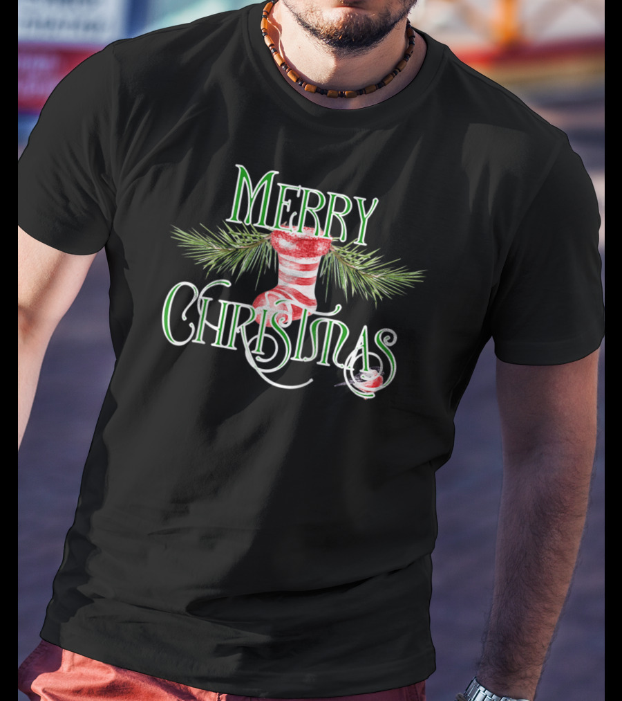 Merry Christmas Classic Wreath Stocking T-Shirt