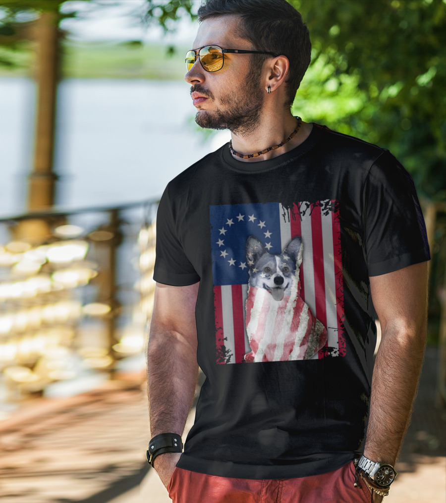 Corgi Betsy Ross US American Flag Costume With Stars And Stripes Background T-Shirt