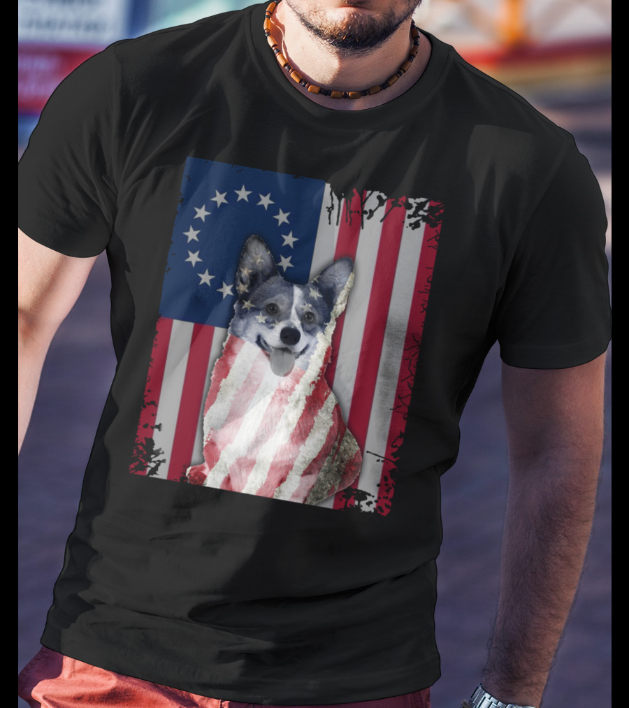 Corgi Betsy Ross US American Flag Costume With Stars And Stripes Background T-Shirt