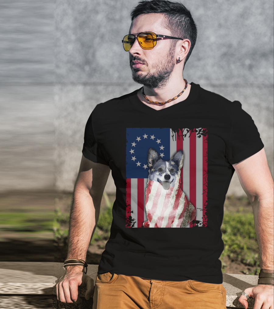 Corgi Betsy Ross US American Flag Costume With Stars And Stripes Background T-Shirt