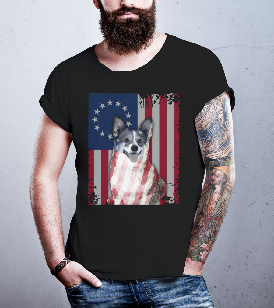 Corgi Betsy Ross US American Flag Costume With Stars And Stripes Background T-Shirt