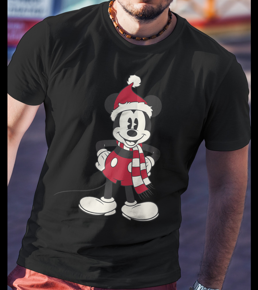 Disney Mickey Mouse Christmas Santa Hat And Scarf T-Shirt