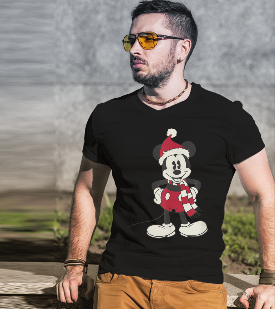 Disney Mickey Mouse Christmas Santa Hat And Scarf T-Shirt