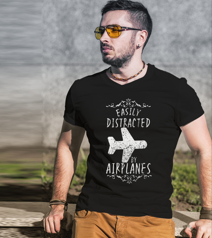 Easily Distracted By Airplanes Pilot Humor F1 T-Shirt