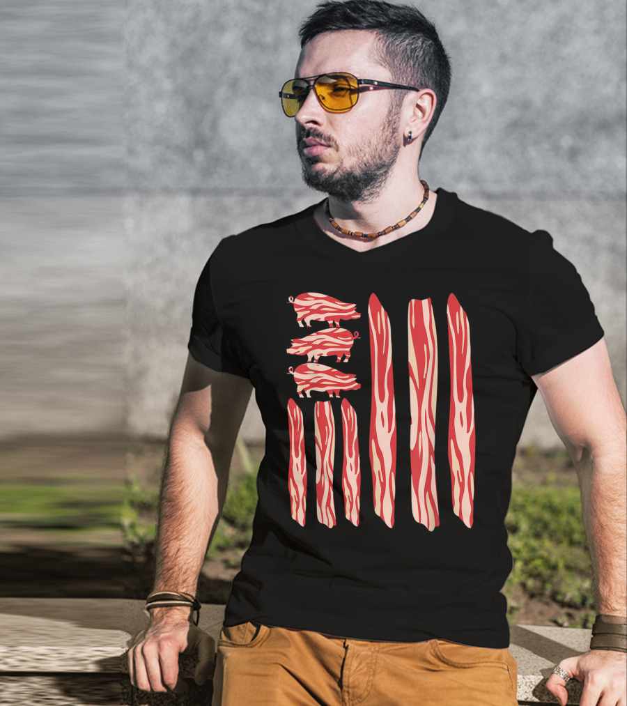Funny Vintage Bacon Flag With Pig T-Shirt