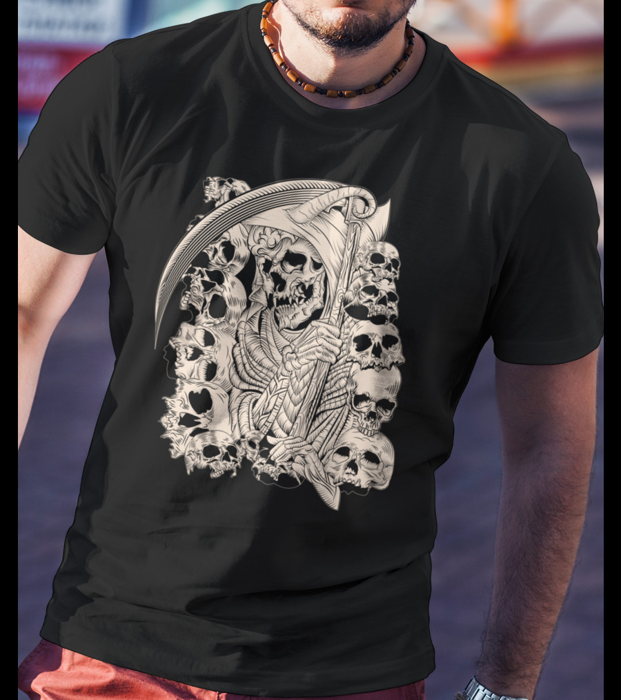 Grim Reaper Skull Scythe Classic Ink Drawing T-Shirt