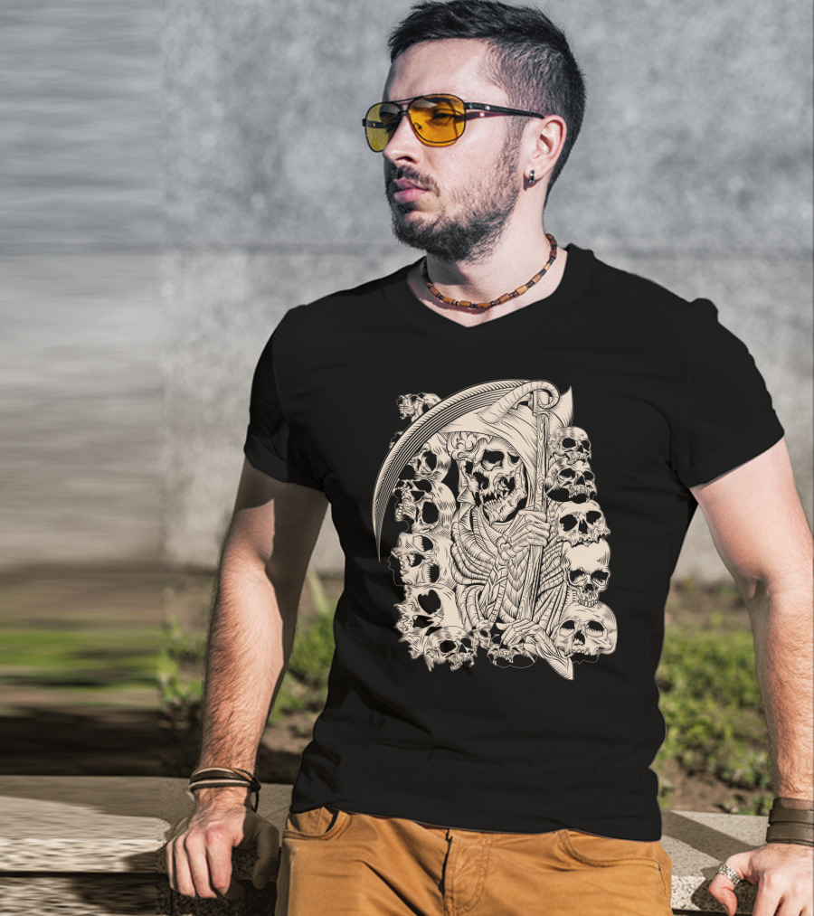 Grim Reaper Skull Scythe Classic Ink Drawing T-Shirt