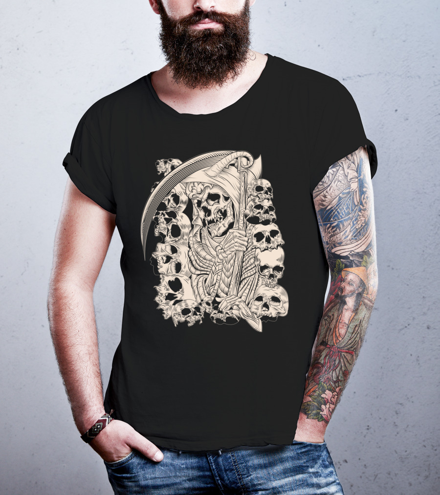 Grim Reaper Skull Scythe Classic Ink Drawing T-Shirt