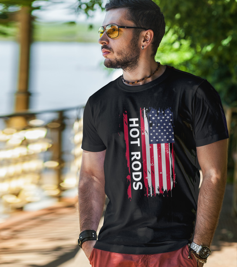 HOT RODS American Flag Classic Muscle Cars T-Shirt