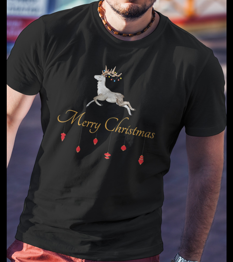 Merry Christmas Prancing Reindeer With Ornaments T-Shirt