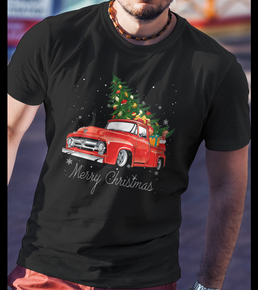 Merry Christmas Red Truck With Christmas Tree And Gifts In Snow T-Shirt