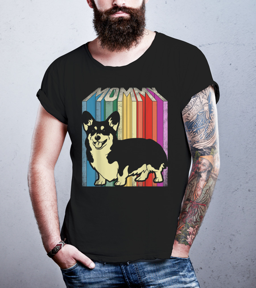 MOMMY Corgi Dog Vintage Rainbow Stripes T-Shirt