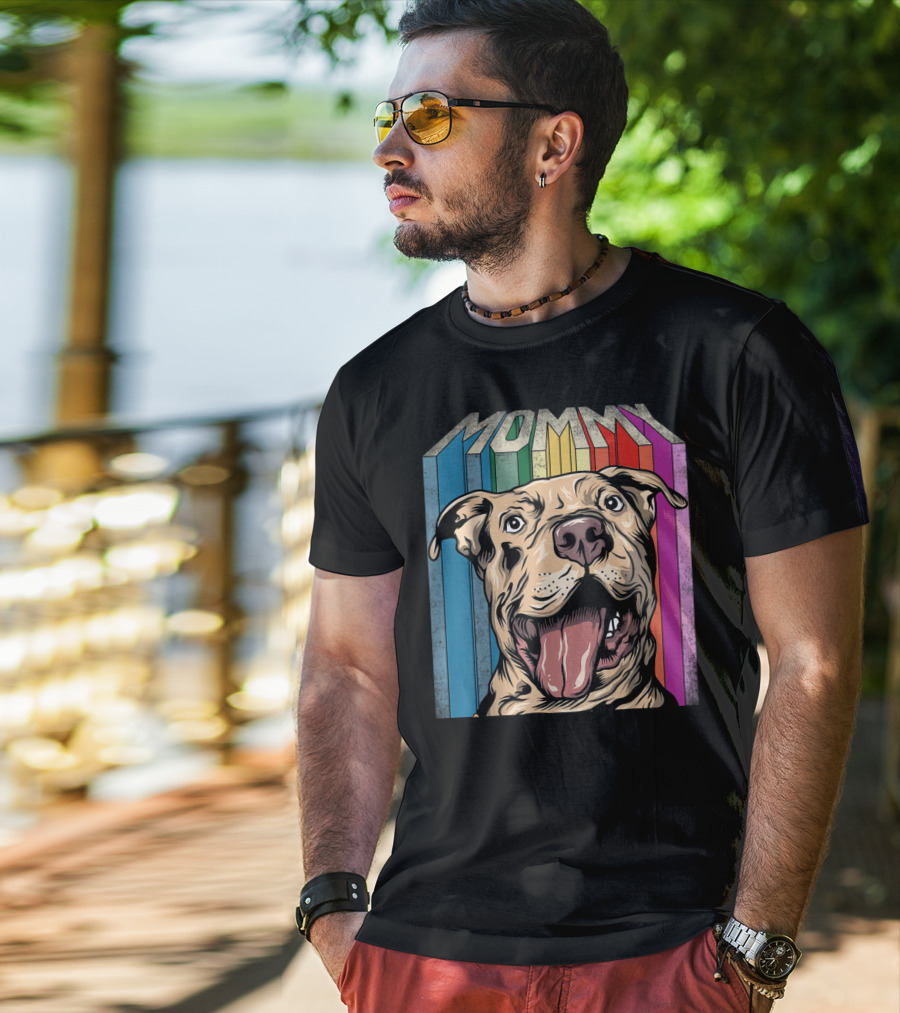 Mommy Pitbull Dog Retro Colorful Stripes T-Shirt