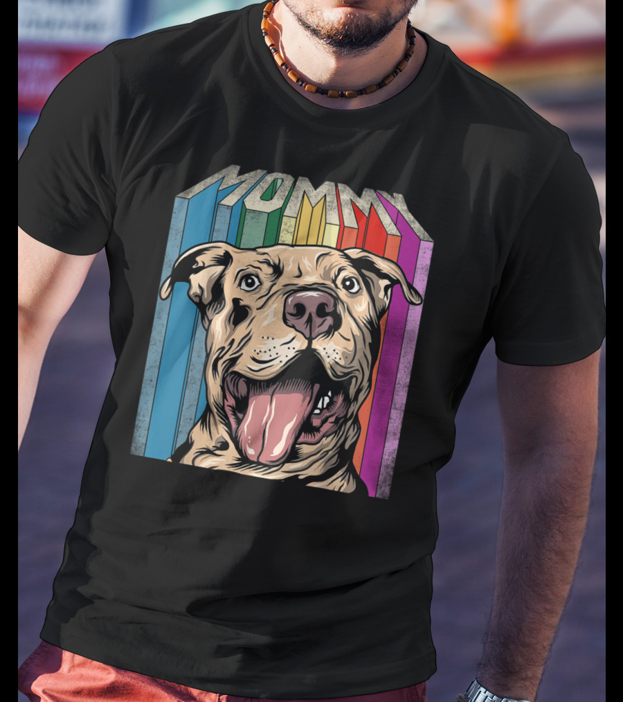 Mommy Pitbull Dog Retro Colorful Stripes T-Shirt