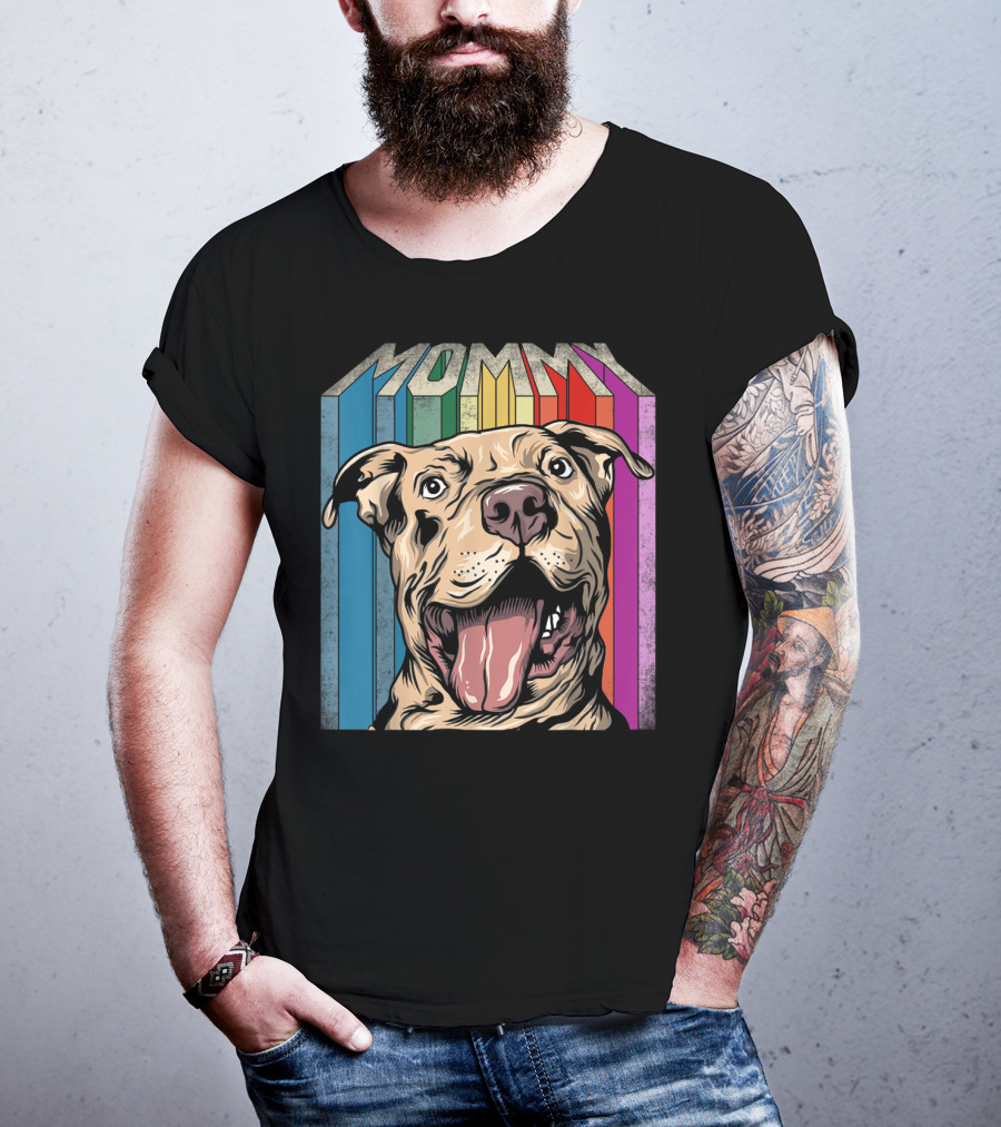 Mommy Pitbull Dog Retro Colorful Stripes T-Shirt