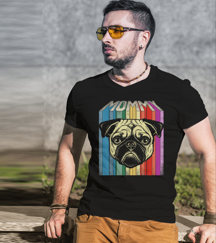 Mommy Pug Dog Retro Rainbow Stripes T-Shirt
