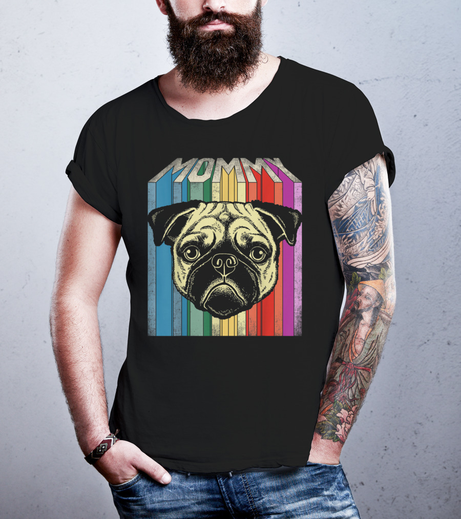 Mommy Pug Dog Retro Rainbow Stripes T-Shirt