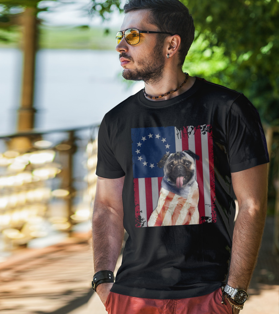 Pug Betsy Ross American Flag Costume Patriotic US Flag T-Shirt