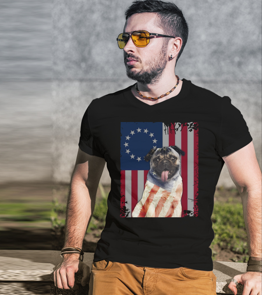 Pug Betsy Ross American Flag Costume Patriotic US Flag T-Shirt