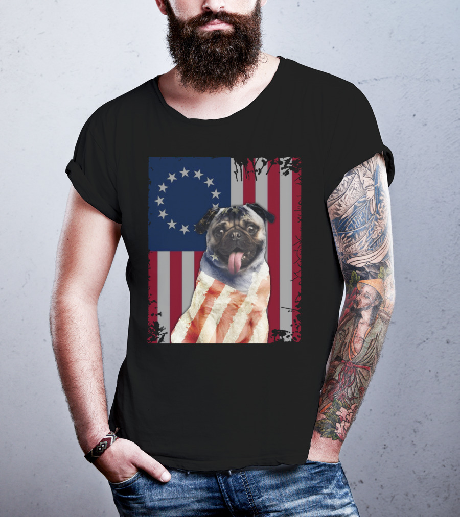 Pug Betsy Ross American Flag Costume Patriotic US Flag T-Shirt