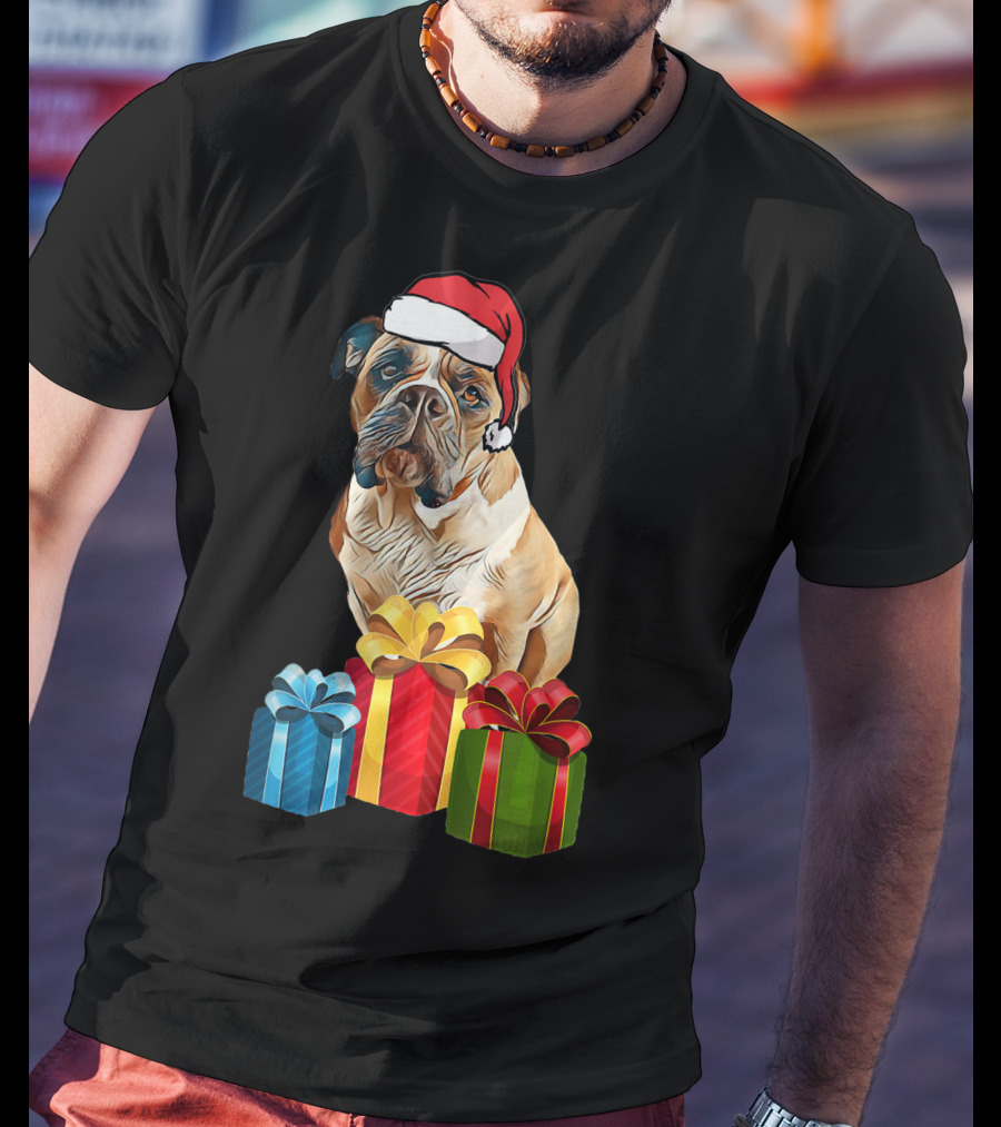 Bulldog With Santa Hat And Holiday Gifts T-Shirt