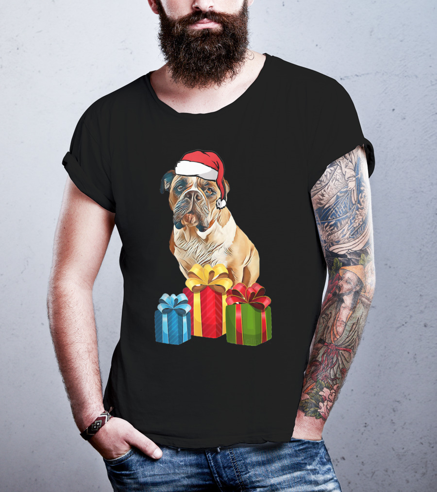 Bulldog With Santa Hat And Holiday Gifts T-Shirt