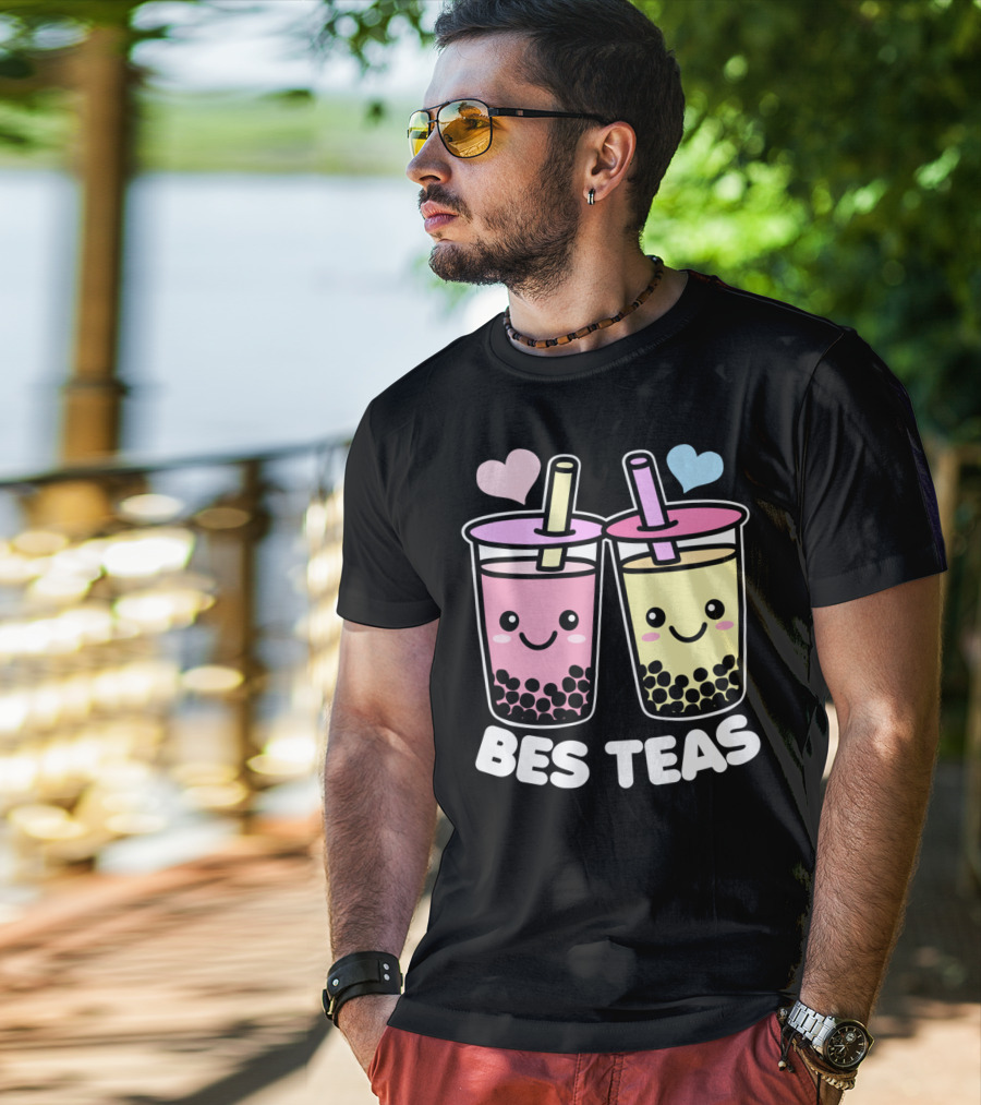 Bes Teas Cute Kawaii Boba Drinks Pink Yellow Hearts T-Shirt