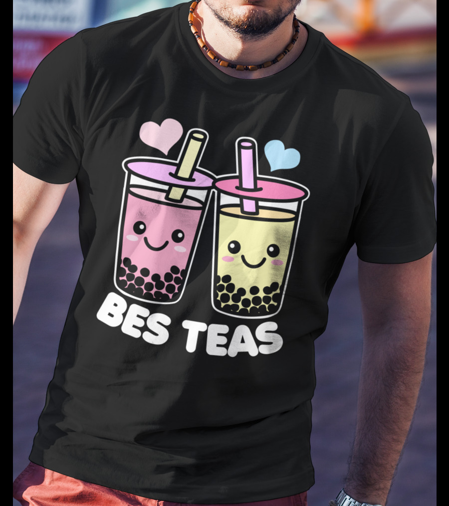 Bes Teas Cute Kawaii Boba Drinks Pink Yellow Hearts T-Shirt