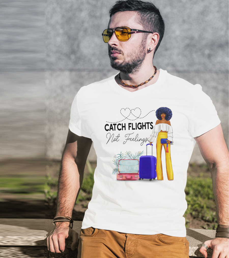 Black Woman Catch Flights Not Feelings Luggage Curls Yellow Pants Fashion T-Shirt