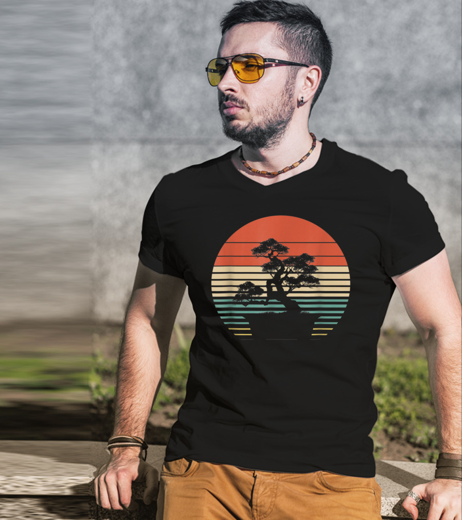 Bonsai Tree Japanese Retro Sunset T-Shirt