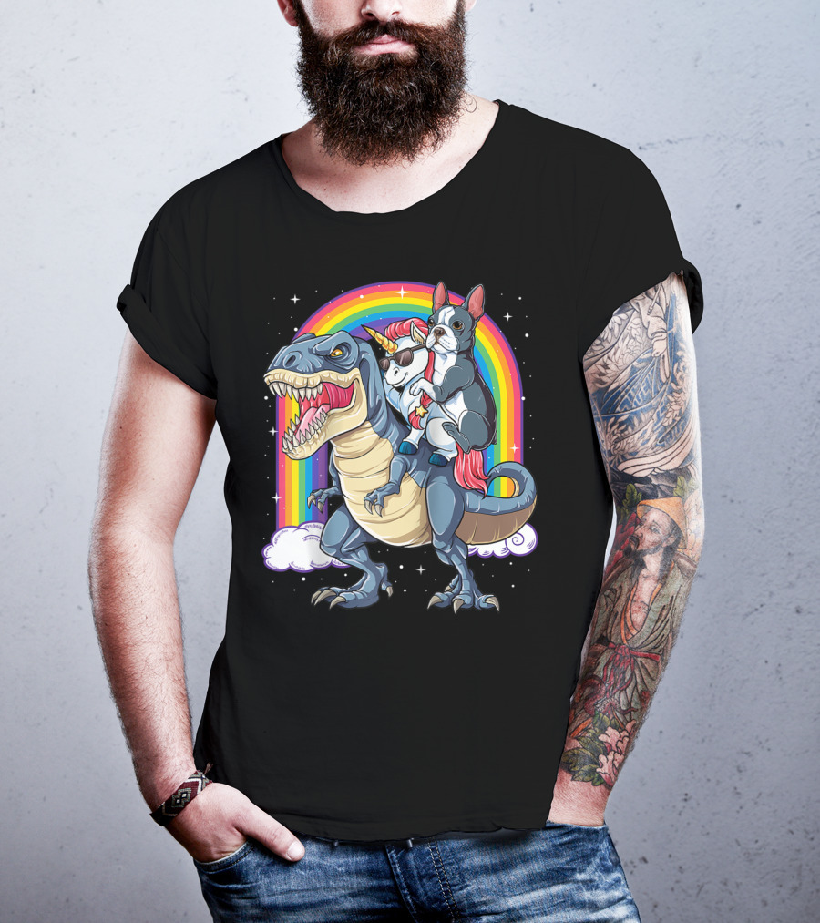 Boston Terrier And Unicorn Riding T-Rex T-Shirt