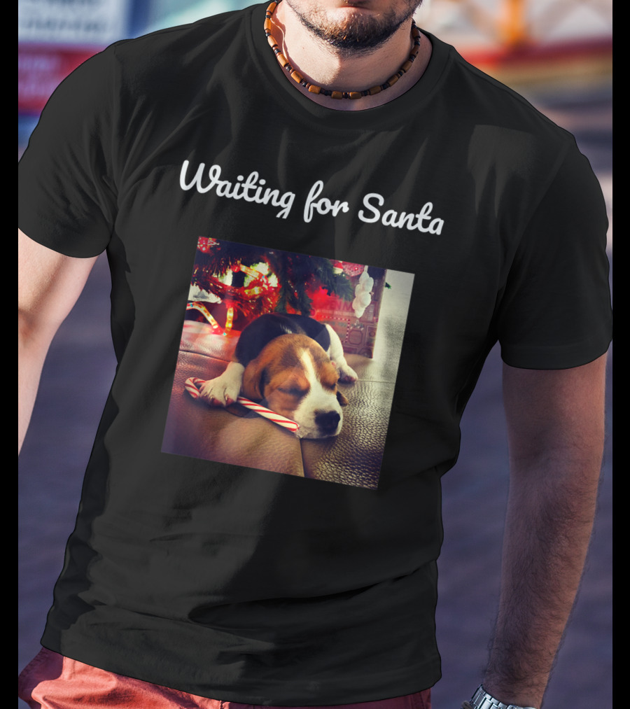 Waiting For Santa Cute Dog Under Christmas Tree With Candy Cane T-Shirt