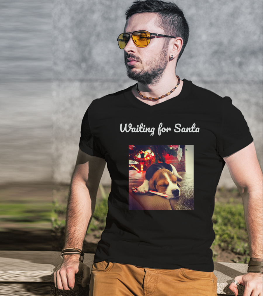 Waiting For Santa Cute Dog Under Christmas Tree With Candy Cane T-Shirt