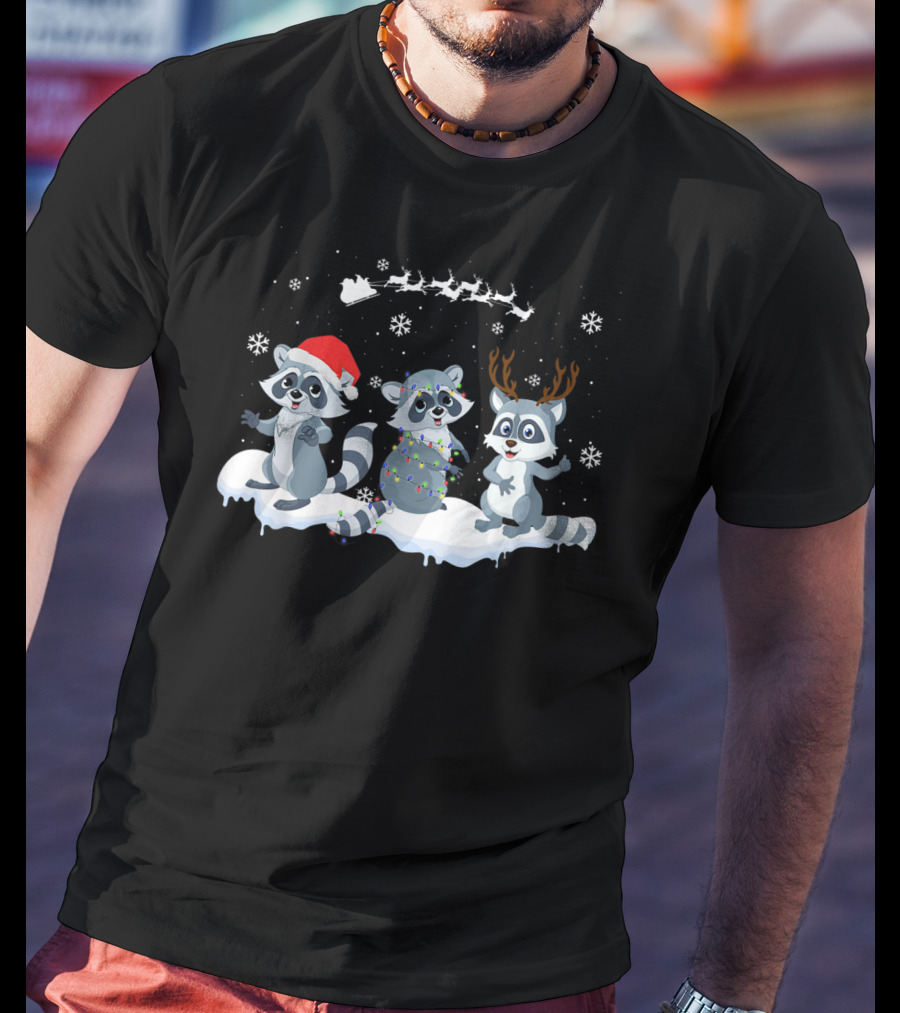 Christmas Cute Raccoon Santa Reindeer Snowflakes Sleigh T-Shirt