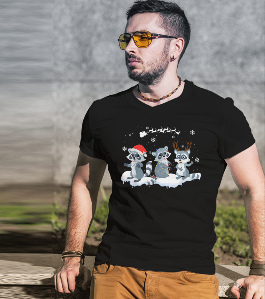 Christmas Cute Raccoon Santa Reindeer Snowflakes Sleigh T-Shirt