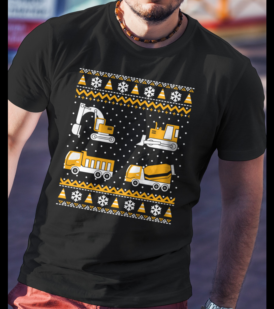Construction Excavator Bulldozer Dump Truck Cement Mixer Snowflakes T-Shirt