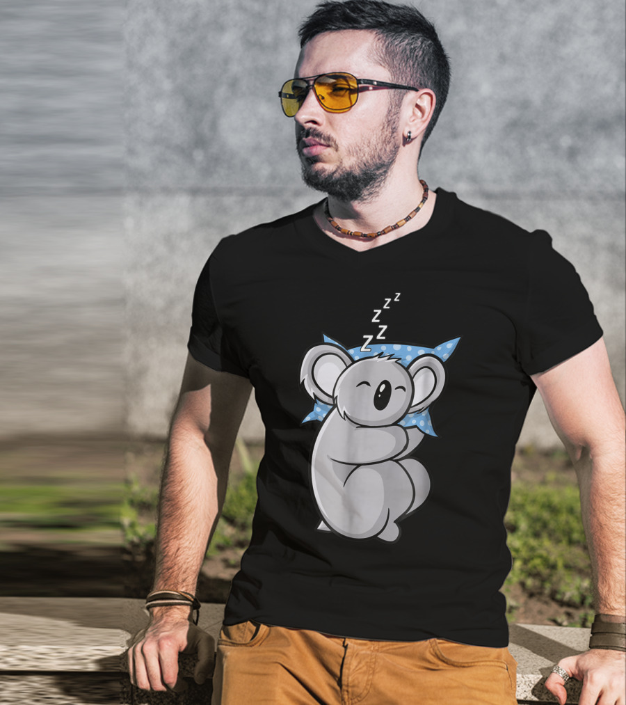 Cute Koala Bear Lazy Sleeping Animal With Blue Polka Dot Pillow T-Shirt