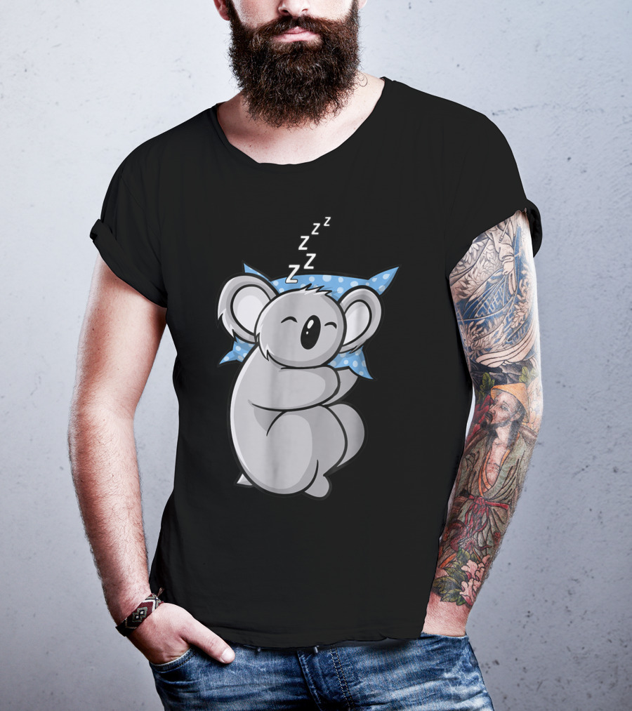 Cute Koala Bear Lazy Sleeping Animal With Blue Polka Dot Pillow T-Shirt
