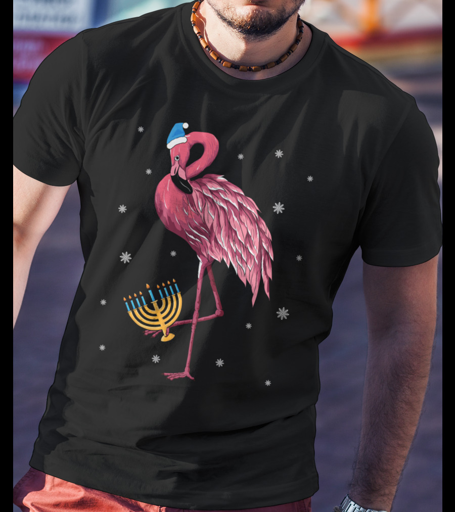 Cute Menorah Flamingo Hanukkah Chanukah With Snowflakes T-Shirt