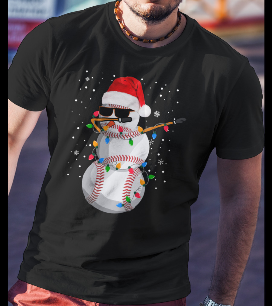 Dabbing Snowman Baseball Christmas Lights Santa Hat Sunglasses T-Shirt