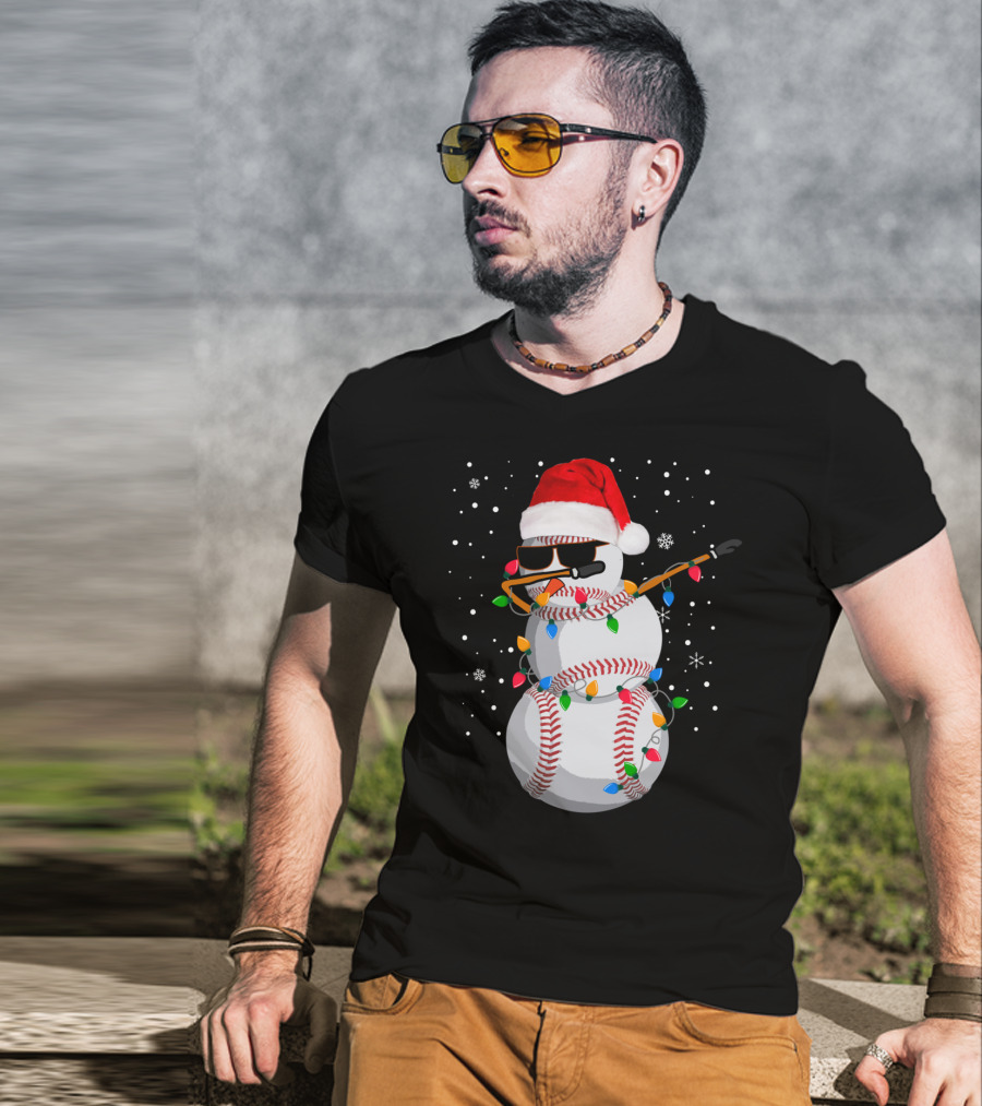 Dabbing Snowman Baseball Christmas Lights Santa Hat Sunglasses T-Shirt