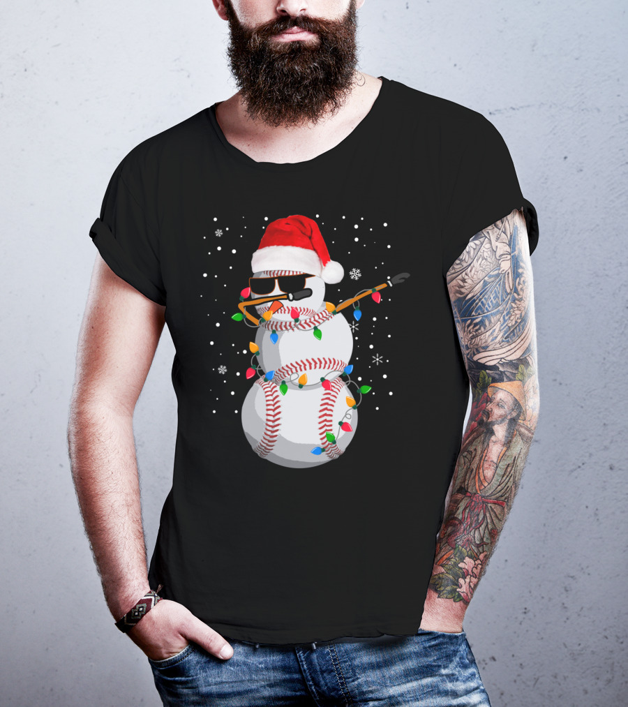 Dabbing Snowman Baseball Christmas Lights Santa Hat Sunglasses T-Shirt